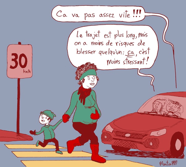 Caricature éditoriale sur la réduction des limites de vitesse à Montréal et dans Ahuntsic-Cartierville, publié dans le Journal des Voisins