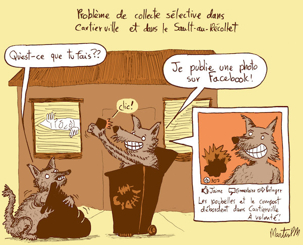 Caricature sur la mauvaise collecte des ordures et du compost et la présence de coyotes dans Ahuntsic-Cartierville