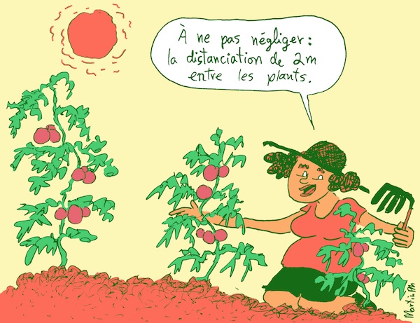 Caricature sur le jardinage et la distanciation physique en tant de COVID-19