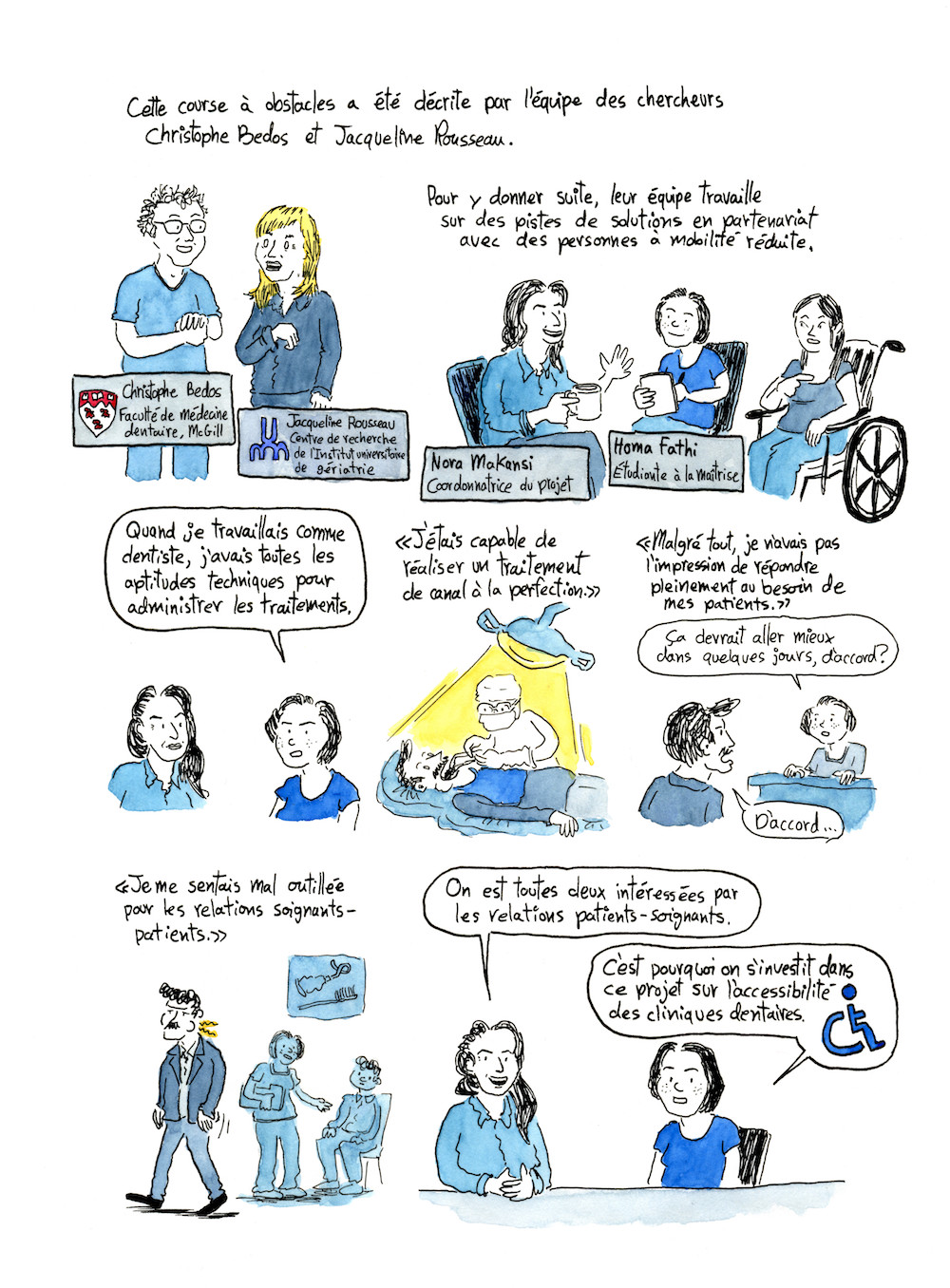Page 3 de la bande dessinée sur l'accessibilité des cliniques dentaires (résidence artistique au RSBO)
