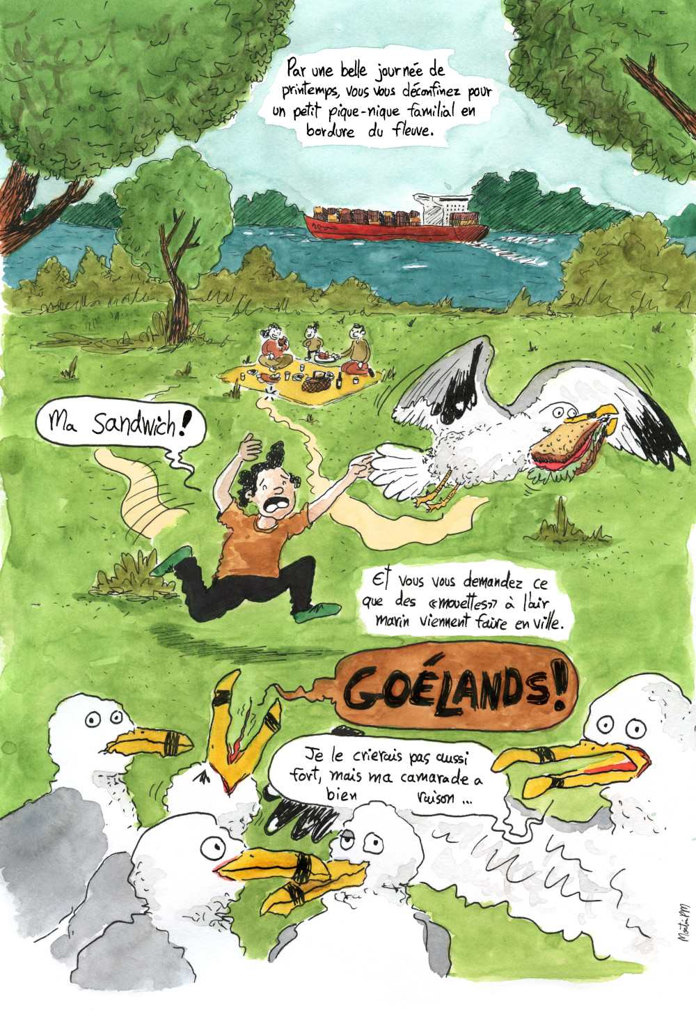 Bande dessinée de vulgarisation scientifique sur le goéland à bec cerclé: page 1, on y voit un goéland voler un sandwich dans un parc montréalais en bordure du fleuve Saint-Laurent