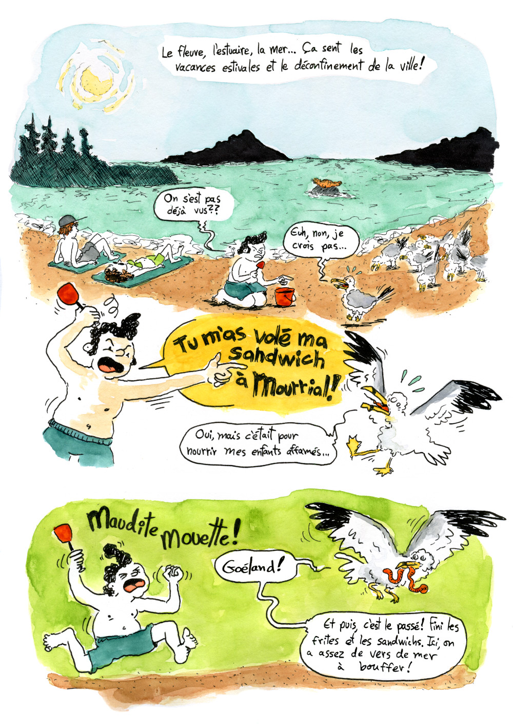 Bande dessinée de vulgarisation scientifique sur le goéland à bec cerclé: page 4, on montre la migration post-nidification des goélands au Québec