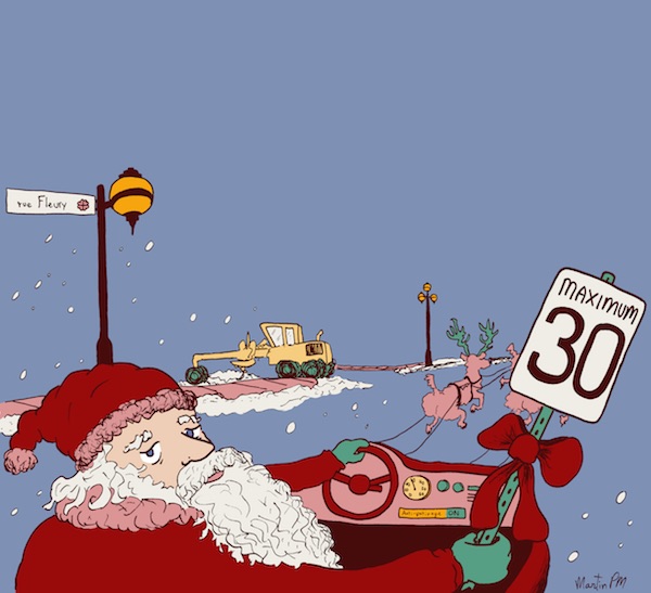 Le père Noël sur la route des cadeaux, dans Ahuntsic, à une limite de vitesse de 30 km/h