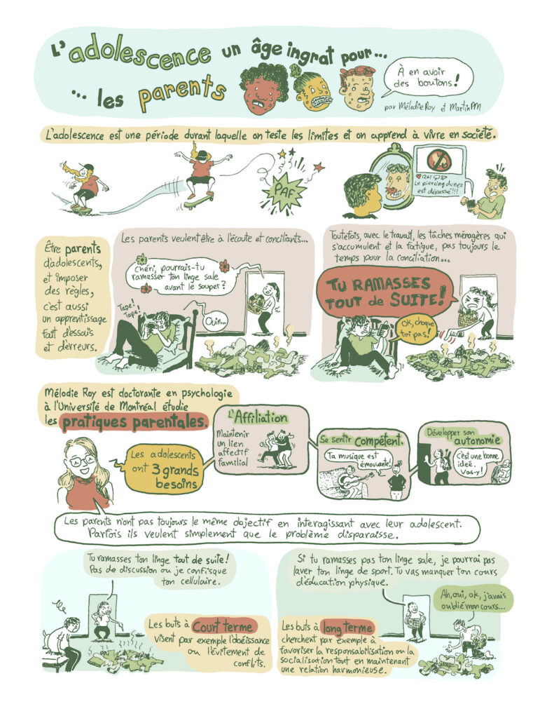 1ère page d'une bande dessinée sur les pratiques parentales adoptées avec les adolescent, selon les travaux de recherche de Mélodie Roy à l'Université de Montréal