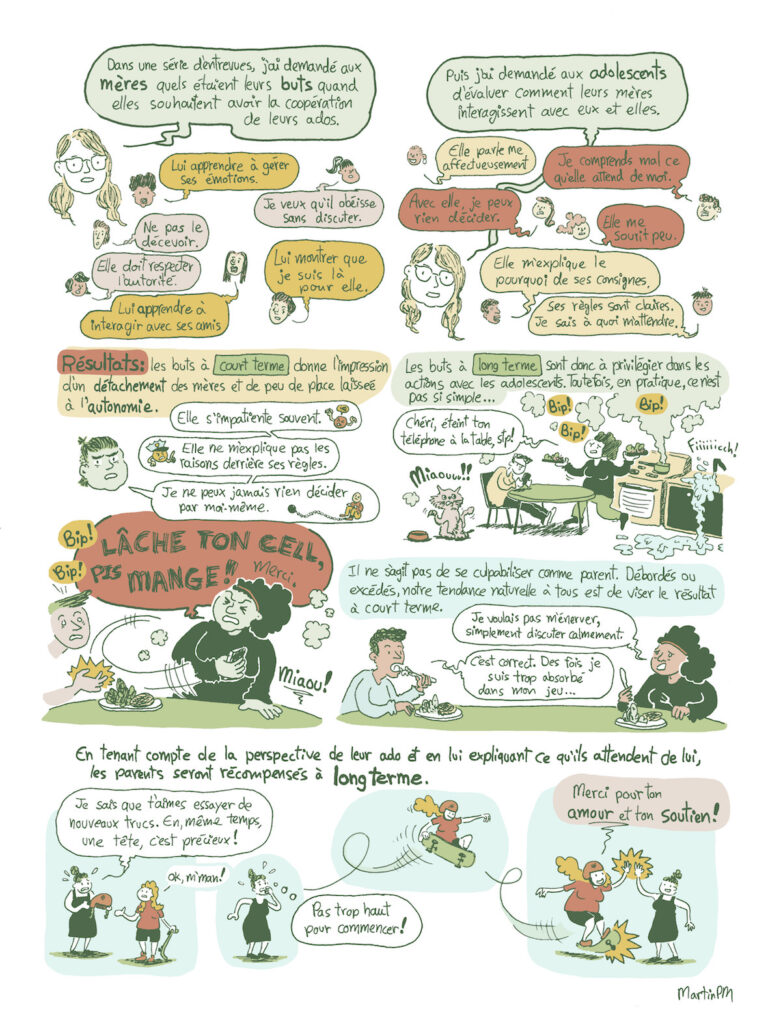 1ère page d'une bande dessinée sur les pratiques parentales adoptées avec les adolescent, selon les travaux de recherche de Mélodie Roy à l'Université de Montréal