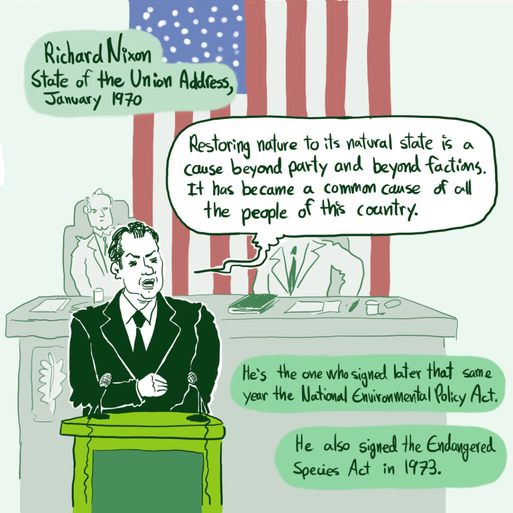 Short comic about COP15 on biological diversity in Montreal and history of environmental regulations from Nixon presidency