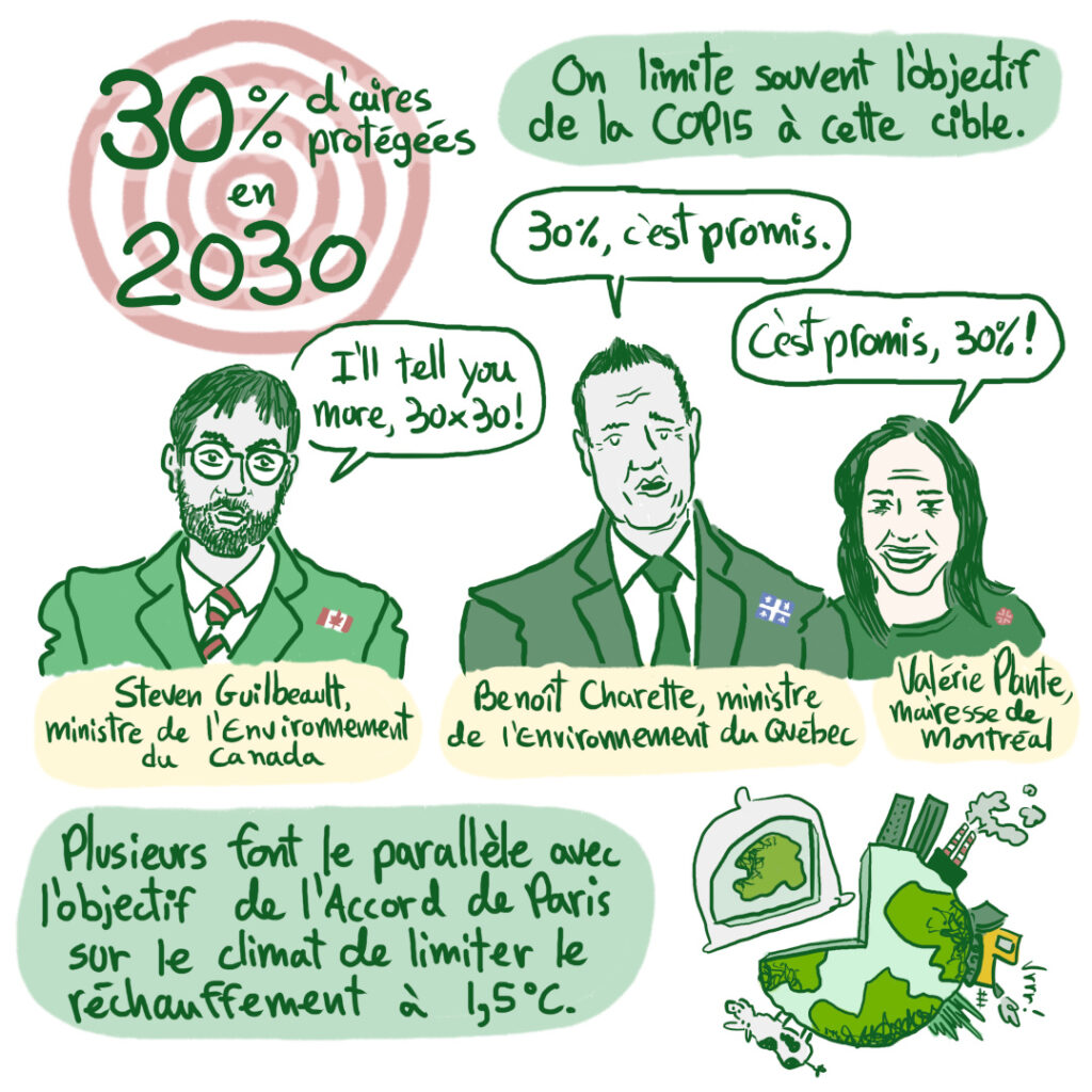 Capsule en BD sur la COP15 de Montréal et la biodiversité. Cible de 30% d'aires protégées au Québec et au Canada.