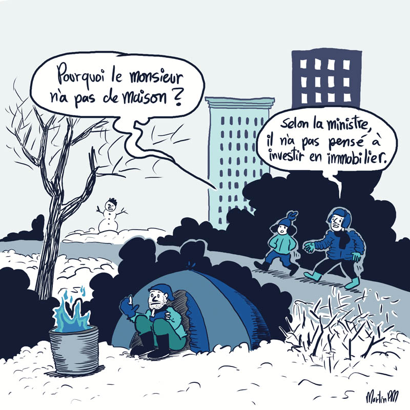 Caricature éditoriale sur les crises du logement et de l'itinérance dans Ahuntsic-Cartierville, à Montréal, au Québec