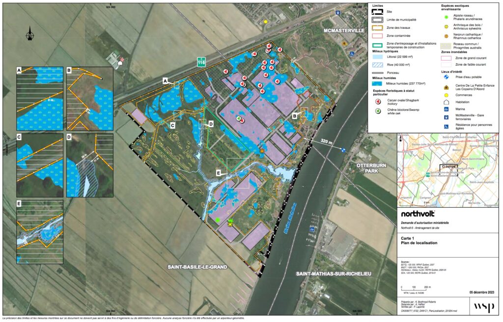 Plan de localisation de l'usine de batteries Nortvolt, montrant les empiètement du projet sur les milieux naturels. Une carte préparée par WSP en décembre 2023.