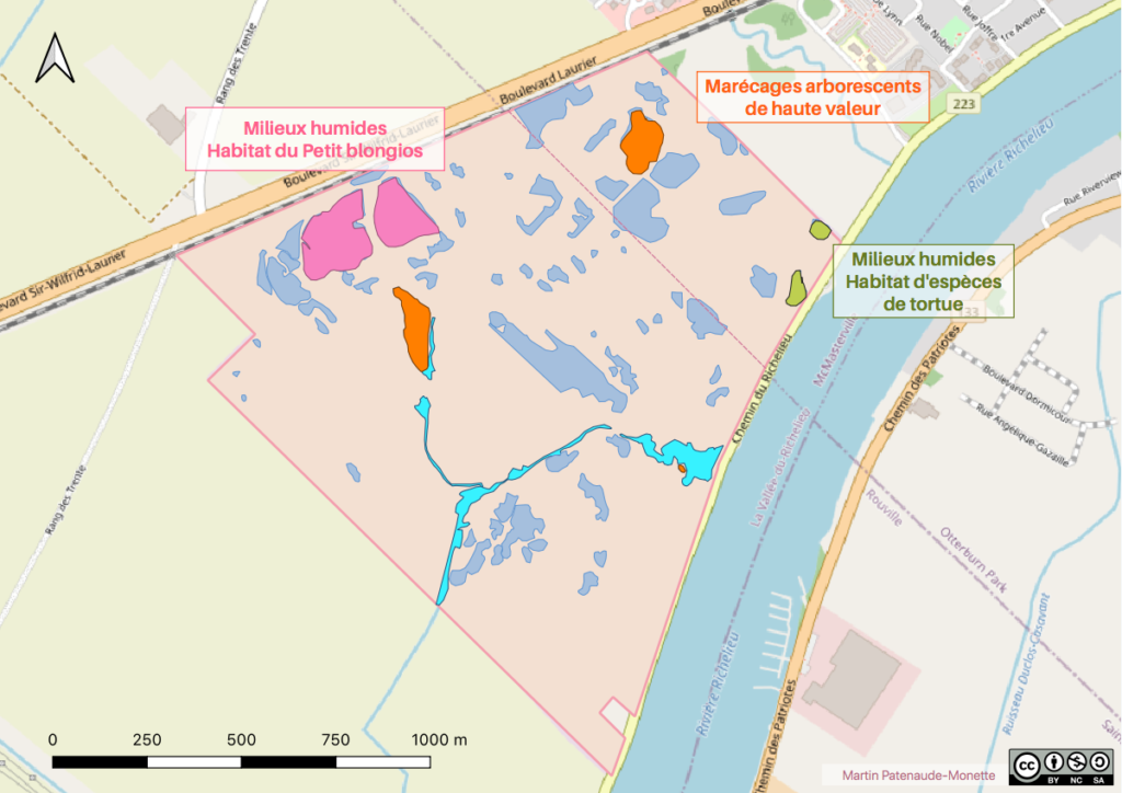 Carte de certains des milieux naturels de haute valeur écologique sur le site de l'usine de batteries Northvolt en Montérégie, à Saint-Basile-le-Grand et McMasterville