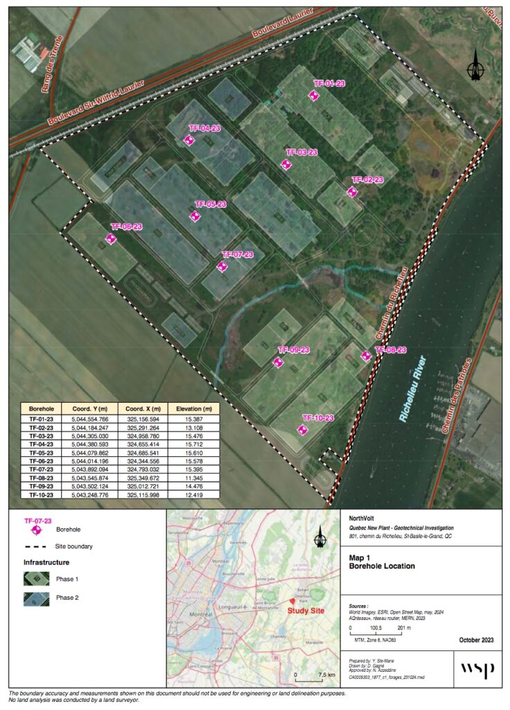 Carte de la localisation de l'usine de batterie Northvolt en Montérégie (Québec) dans l'étude géotechnique de WSP d'octobre 2023 (à lage page 