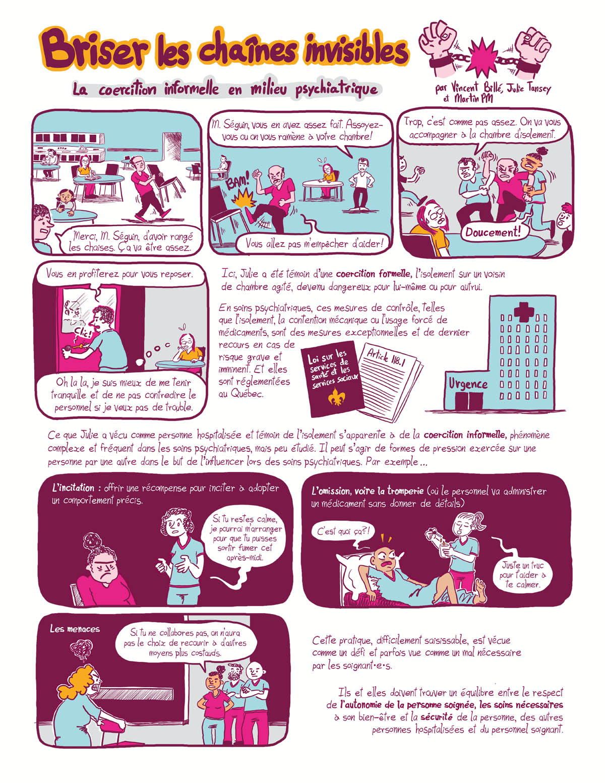 Bande dessinée de vulgarisation sur la coercition informelle en milieu de soins psychiatriques réalisée dans le cadre de L'Illustre recherche 2024 de la FAECUM (page 1)