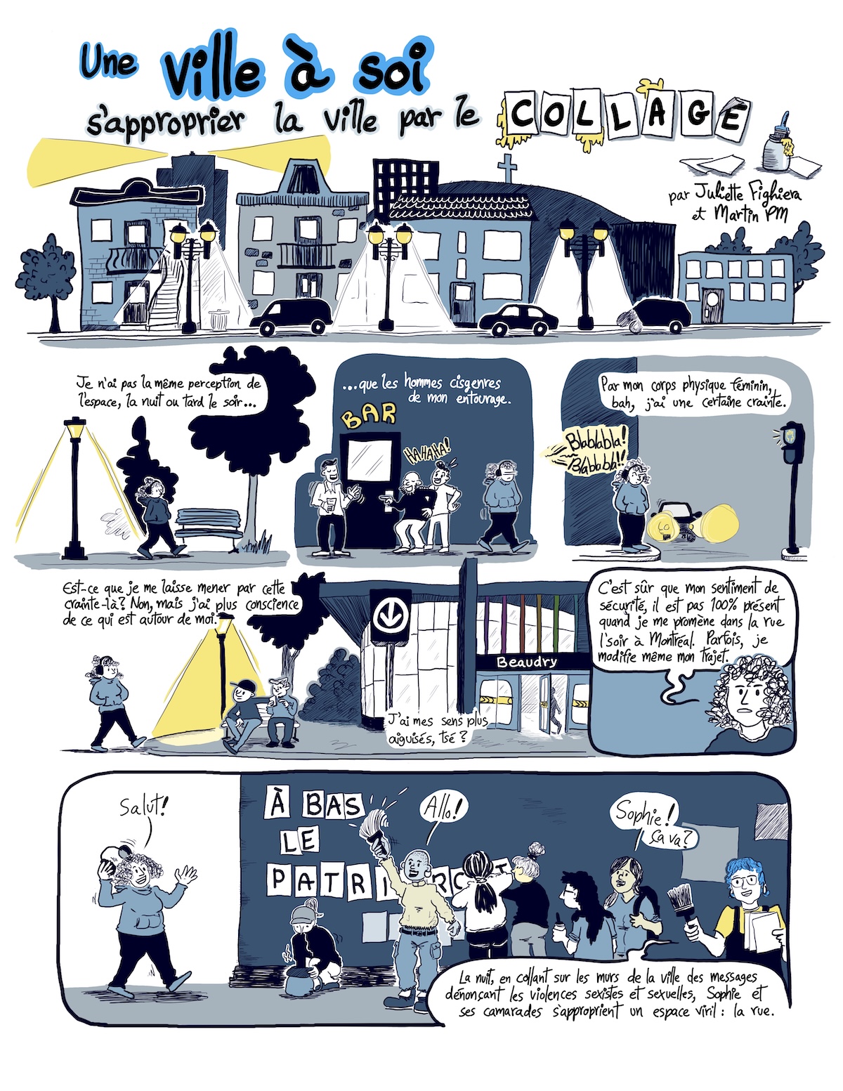 Bande dessinée de vulgarisation sur les travaux de recherche de Juliette Fighiera de l'Université de Montréal, au sujet des collectifs de collage féministes au Québec et en France