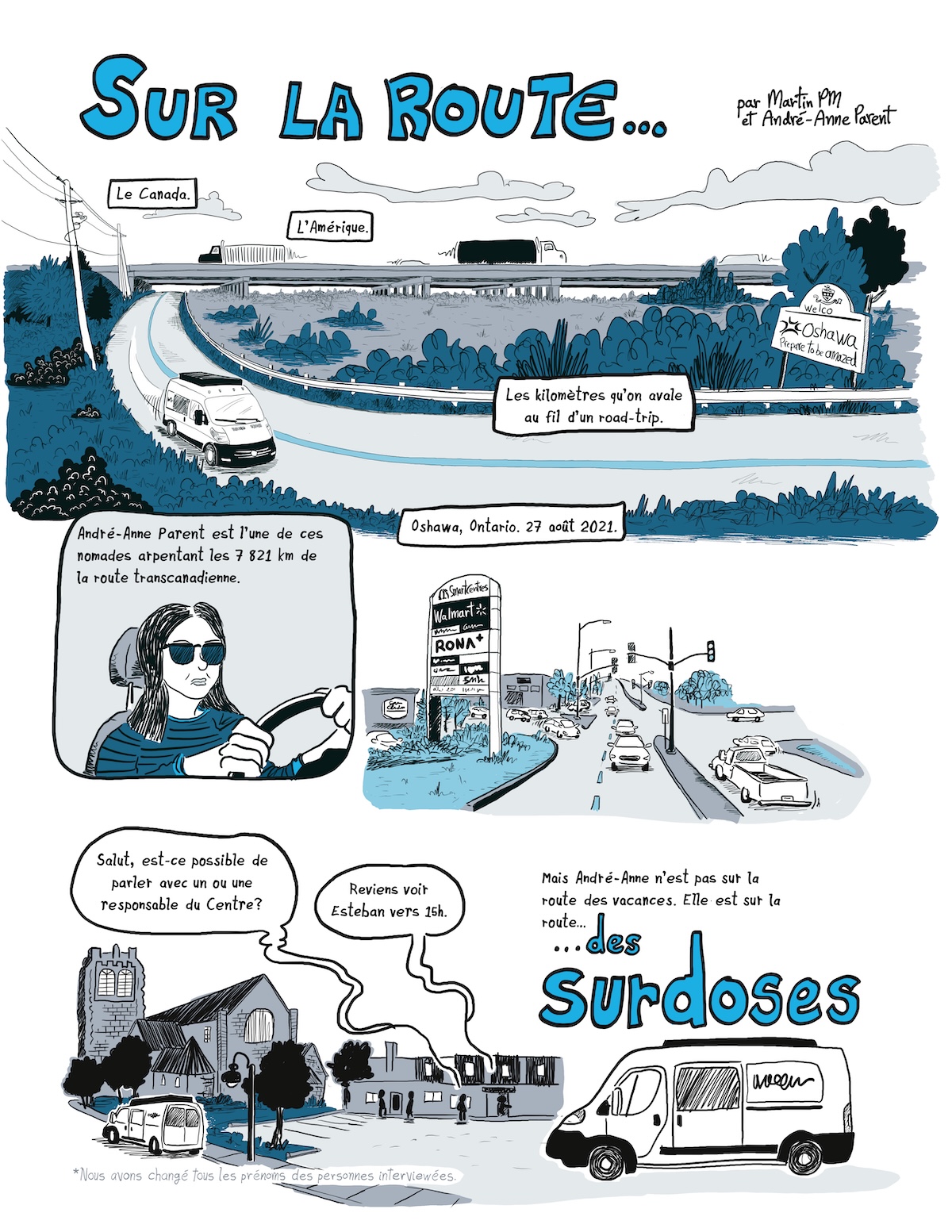 Page de bande dessinée vulgarisation le projet de recherche « La Route des surdoses » d'André-Anne Parent, chercheuse en travail social de l'Université de Montréal.