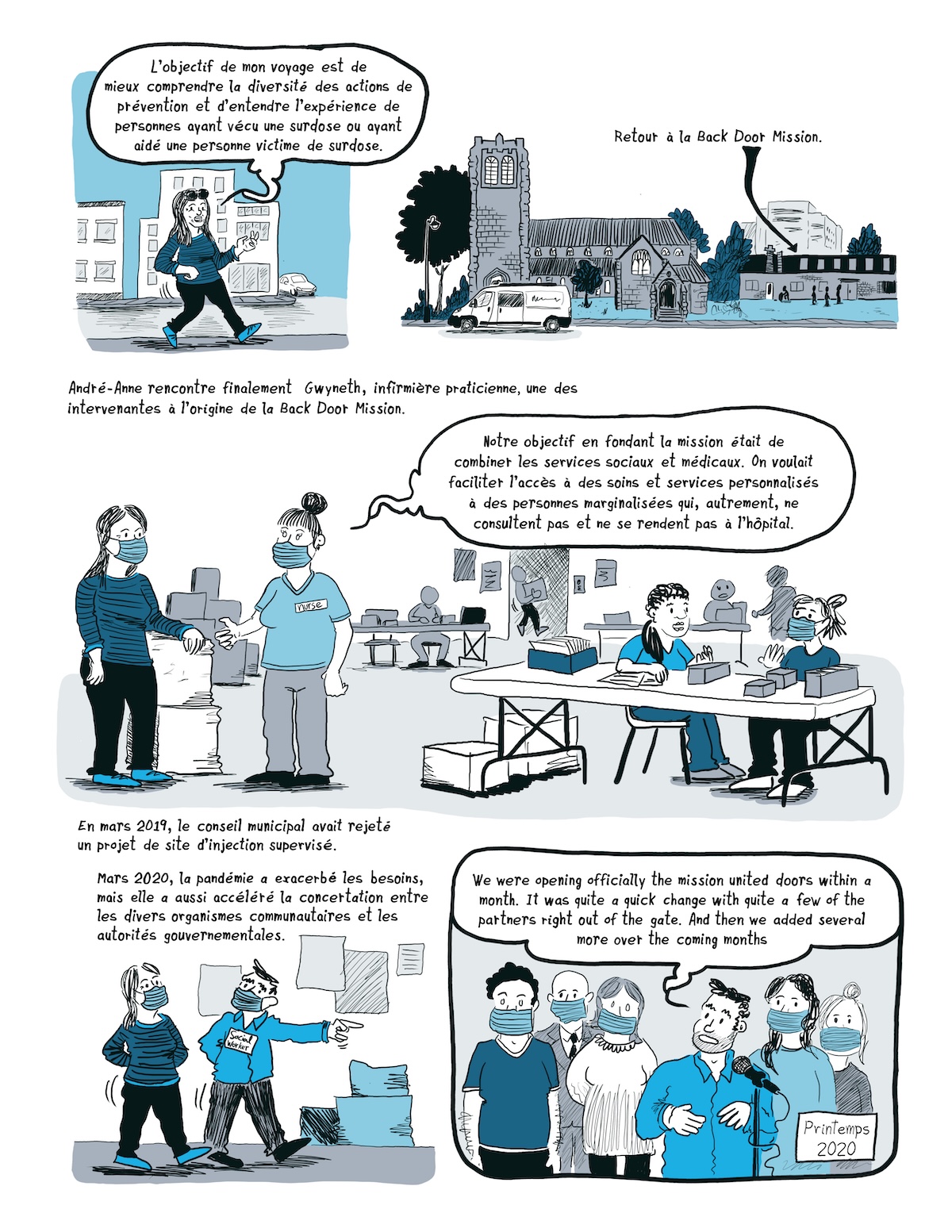 Page de bande dessinée vulgarisation le projet de recherche « La Route des surdoses » d'André-Anne Parent, chercheuse en travail social de l'Université de Montréal.