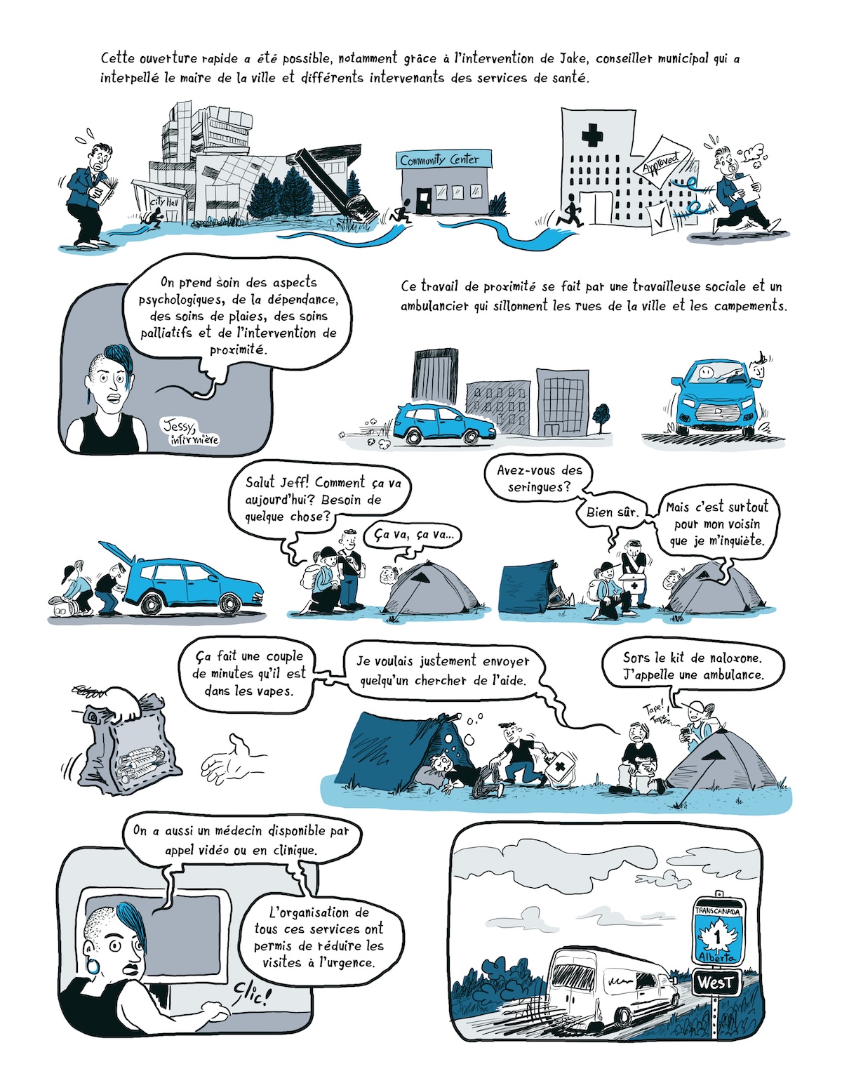 Page de bande dessinée vulgarisation le projet de recherche « La Route des surdoses » d'André-Anne Parent, chercheuse en travail social de l'Université de Montréal.