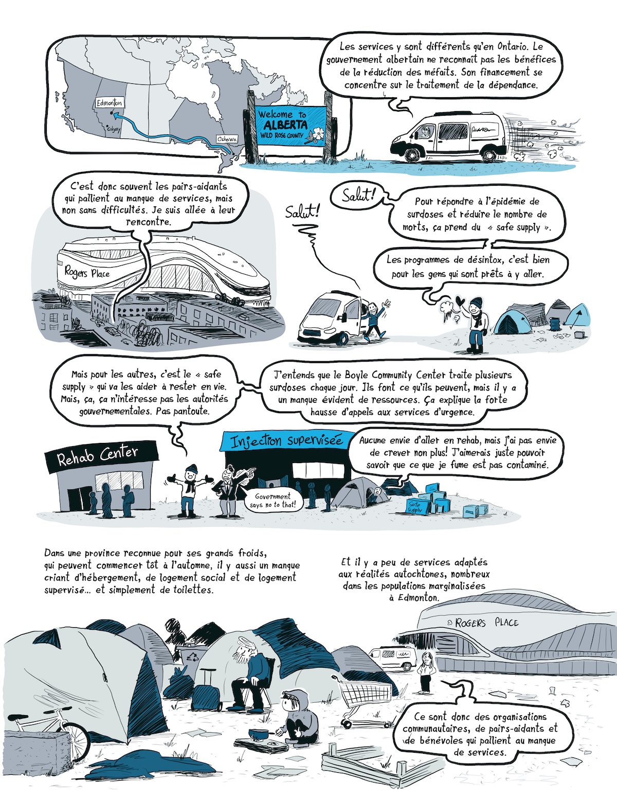 Page de bande dessinée vulgarisation le projet de recherche « La Route des surdoses » d'André-Anne Parent, chercheuse en travail social de l'Université de Montréal.