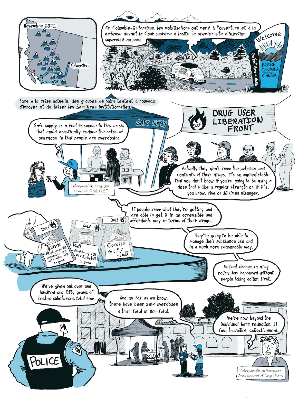 Page de bande dessinée vulgarisation le projet de recherche « La Route des surdoses » d'André-Anne Parent, chercheuse en travail social de l'Université de Montréal.