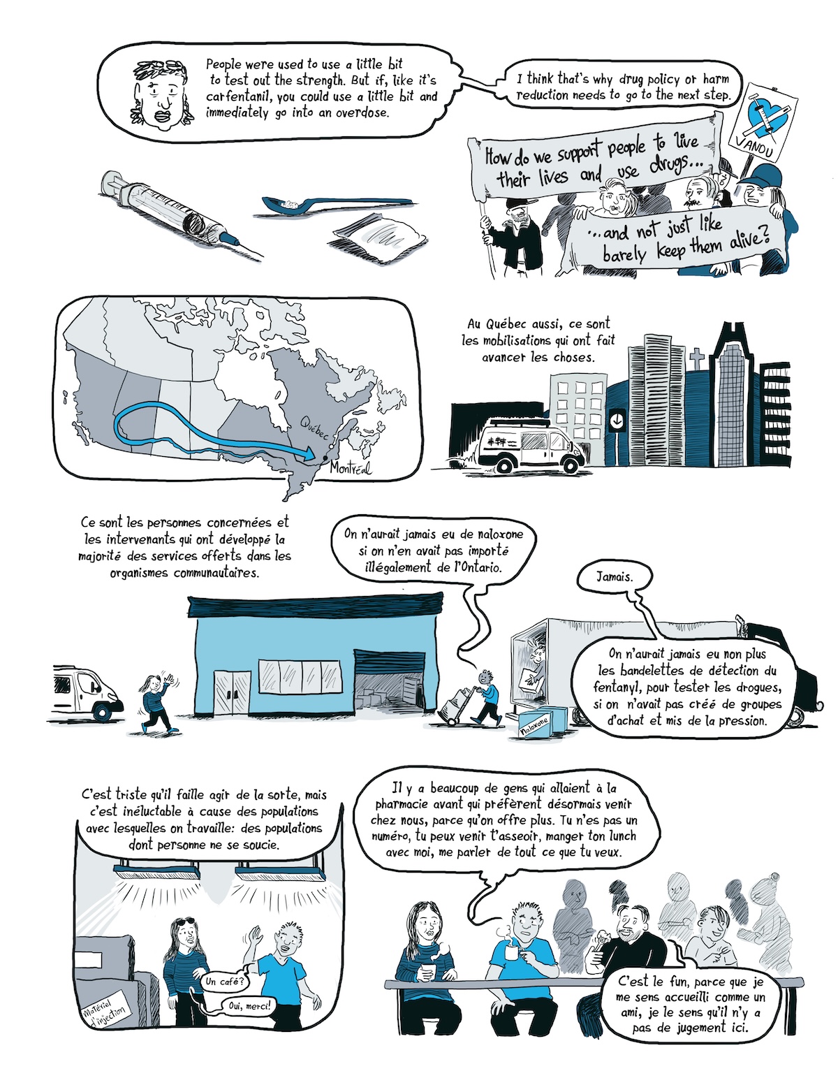 Page de bande dessinée vulgarisation le projet de recherche « La Route des surdoses » d'André-Anne Parent, chercheuse en travail social de l'Université de Montréal.