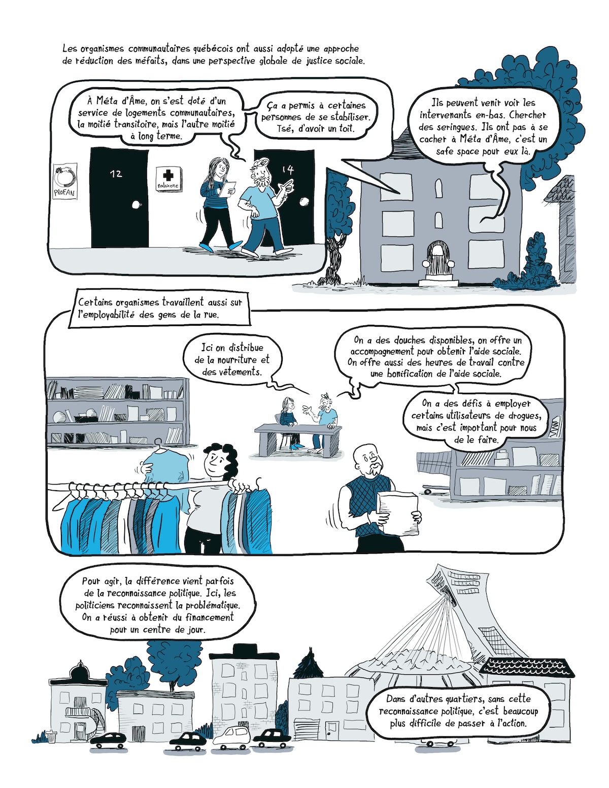 Page de bande dessinée vulgarisation le projet de recherche « La Route des surdoses » d'André-Anne Parent, chercheuse en travail social de l'Université de Montréal.