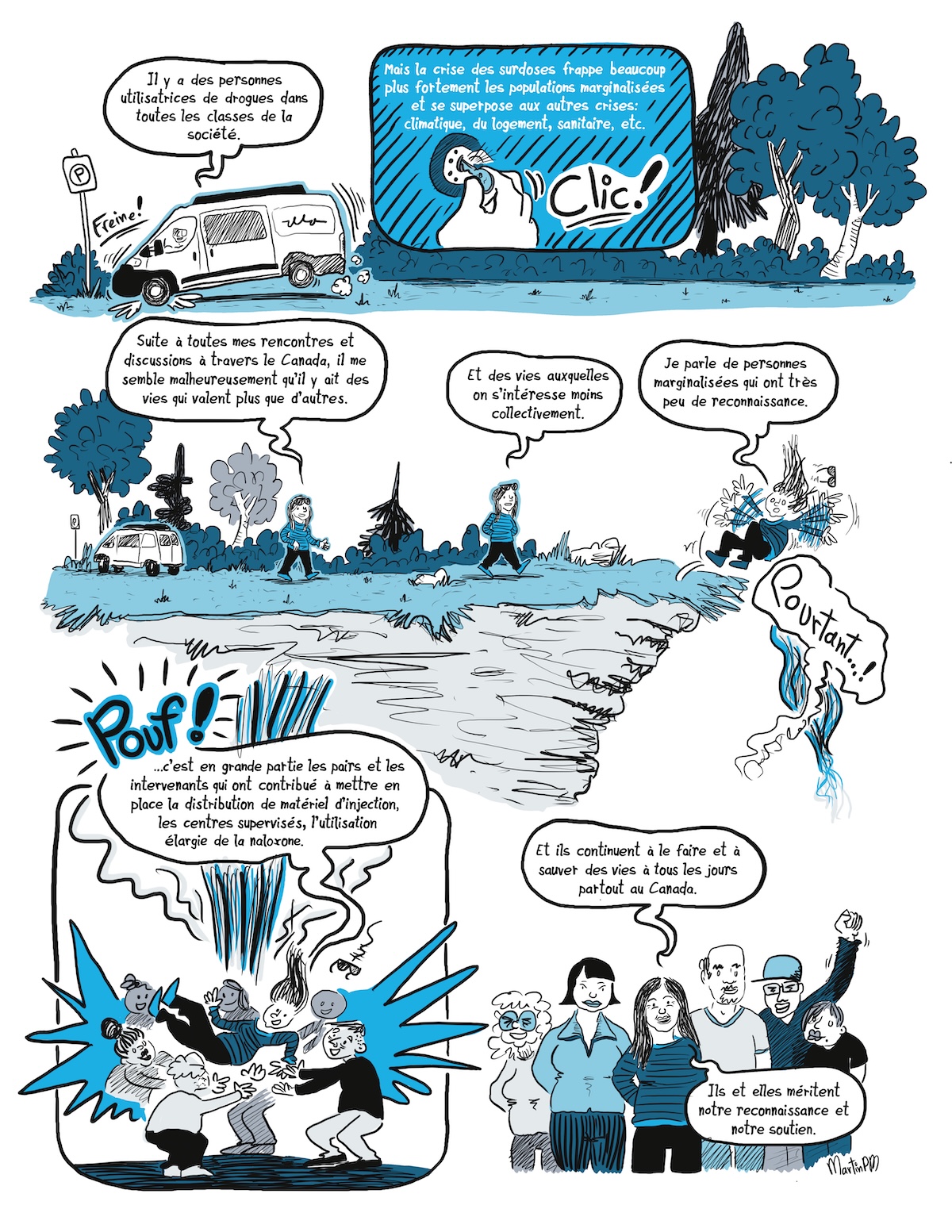 Page de bande dessinée vulgarisation le projet de recherche « La Route des surdoses » d'André-Anne Parent, chercheuse en travail social de l'Université de Montréal.